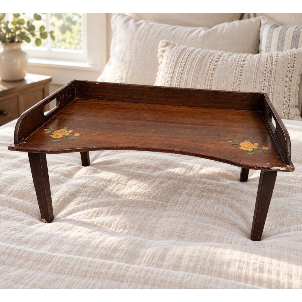 Vintage Wood Folding Bed Tray Yellow Rose Floral Breakfast Lap Table Cottage MCM
